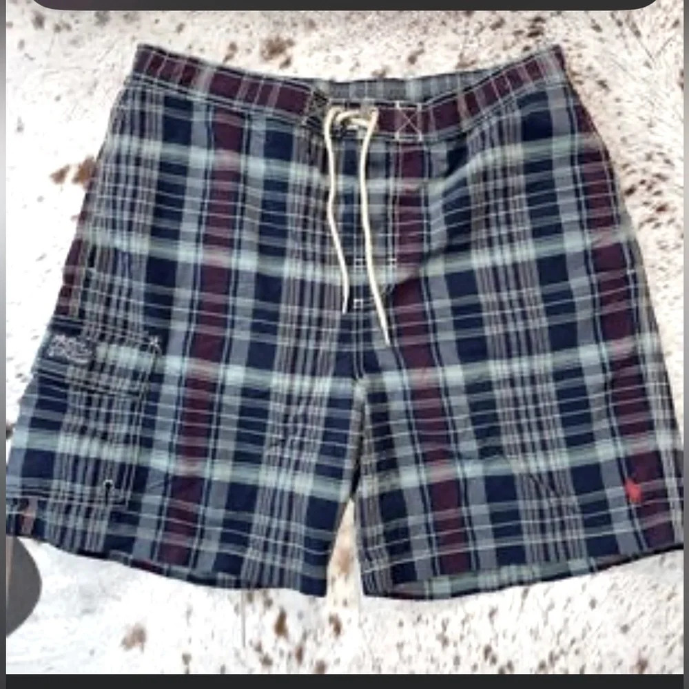 Polo Ralph Lauren swim trunks - blue/burgundy plaid cargo swim shorts w/liner